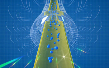 An artist's rendering of antihydrogen atoms falling out the bottom of the ALPHA-g magnetic trap.